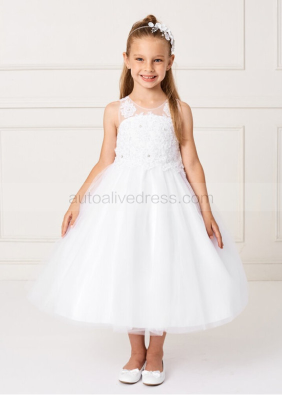 Beaded White Lace Tulle Tea Length Flower Girl Dress